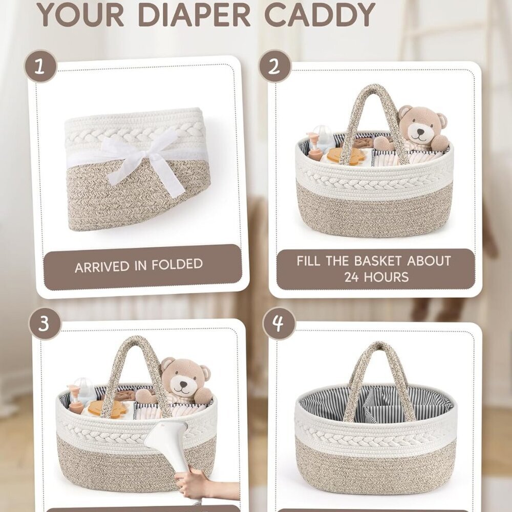 Diaper Caddy Organizer for Baby, Cotton Rope Baby Gift Basket, Portable Diaper O - Picture 7 of 9
